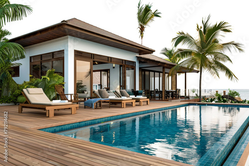 Spacious beachfront villa with a private pool and a wooden deck, isolated on solid white background.
