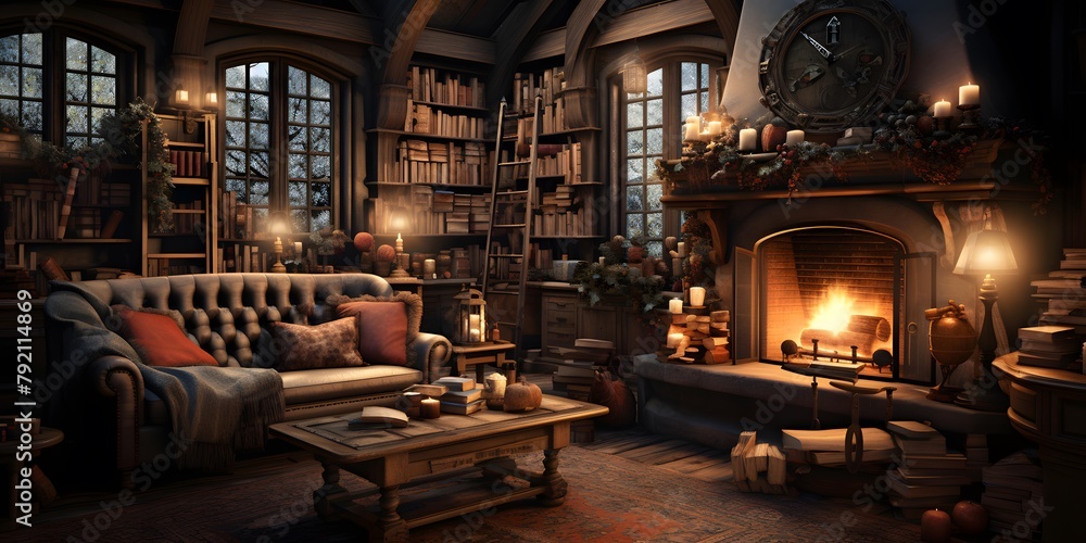 3d illustration of a cozy living room with a fireplace and a sofa