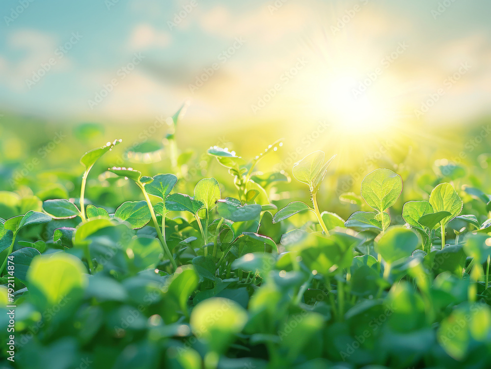 Obraz premium Vibrant arugula plants bask in the sunlight, giving off a fresh, green appearance in a lush field.
