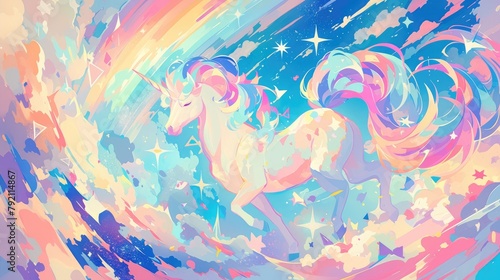 Immerse yourself in a whimsical world of a rainbow unicorn backdrop adorned with fluffy clouds and twinkling stars against a pastel colored sky Behold a magical landscape featuring an abstra