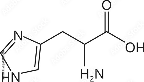 Amino acid chemical molecule of Histidine, molecular formula and chain structure, vector icon. Histidine essential amino acid molecular structure and chain formula for medicine and health pharmacy photo