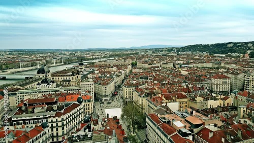 Aerial shot of Rue and Place de la Republique in the center of Lyon, France photo