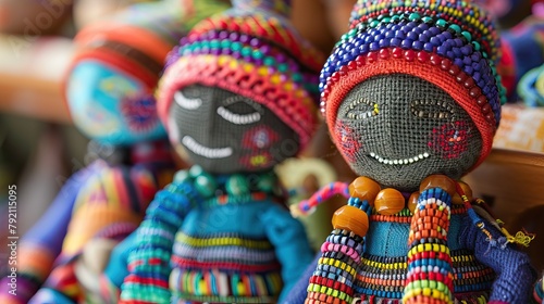 African unique rag dolls in traditional handmade colorful beads and fabrics clothes. Craftsmanship. African fashion. Local craft market in South Africa. Ethnic costume of tribe Sesotho, Basotho.
