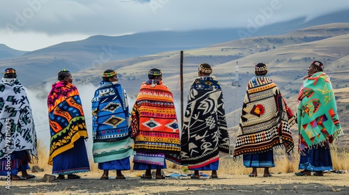 African women Bantu nation Basotho tribe in modern handmade traditional colorful blankets are dancing in the village. Tribal ritual before the Lesotho King birthday .

 photo
