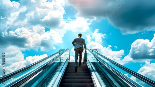 Man ascending an escalator towards a bright sky. Symbol of progress and aspiration. Urban, Modern, and Inspirational theme. Perfect for motivational use. AI