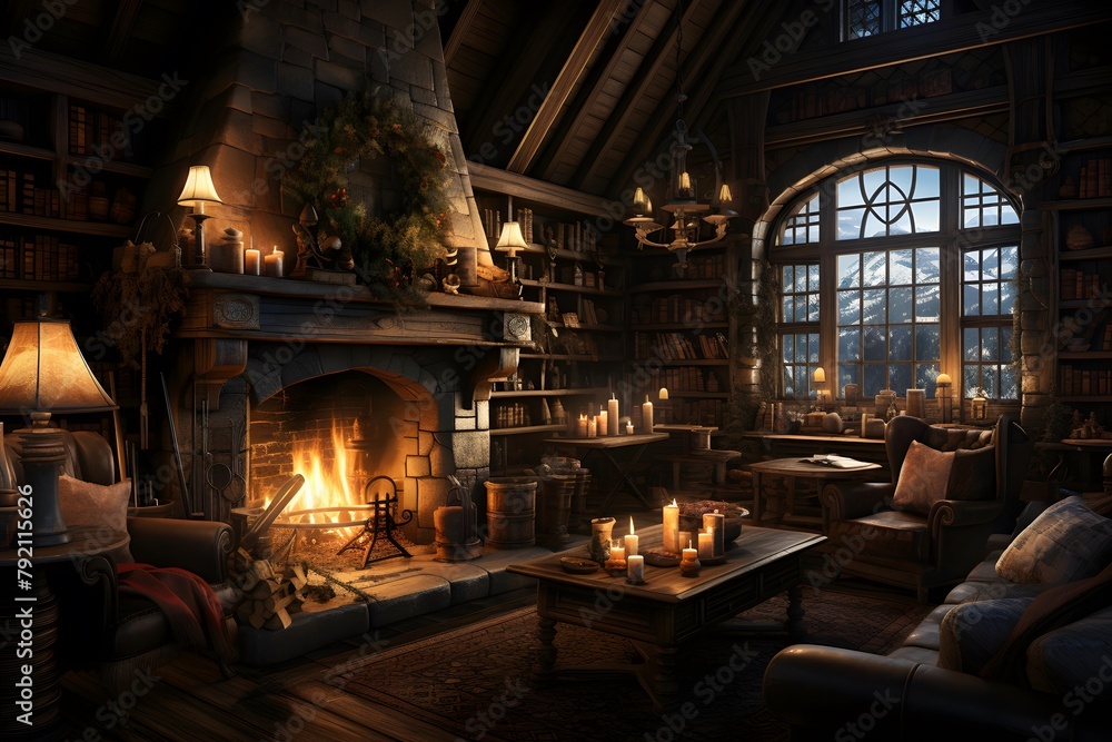 Luxury living room with fireplace and christmas decorations. 3d rendering