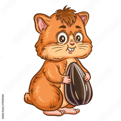 Cute hamster pet animal holding sunflower seed icon. Funny little mouse cartoon character eating sun flower plant grain. Fluffy fat rodent standing with feed. Natural healthy vegetable food. Vector