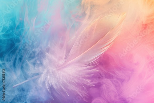 Abstract feather rainbow patchwork background. Closeup image of white fluffy feather under colorful pastel neon foggy mist. Fashion Color Trends Spring Summer 2024 - generative ai