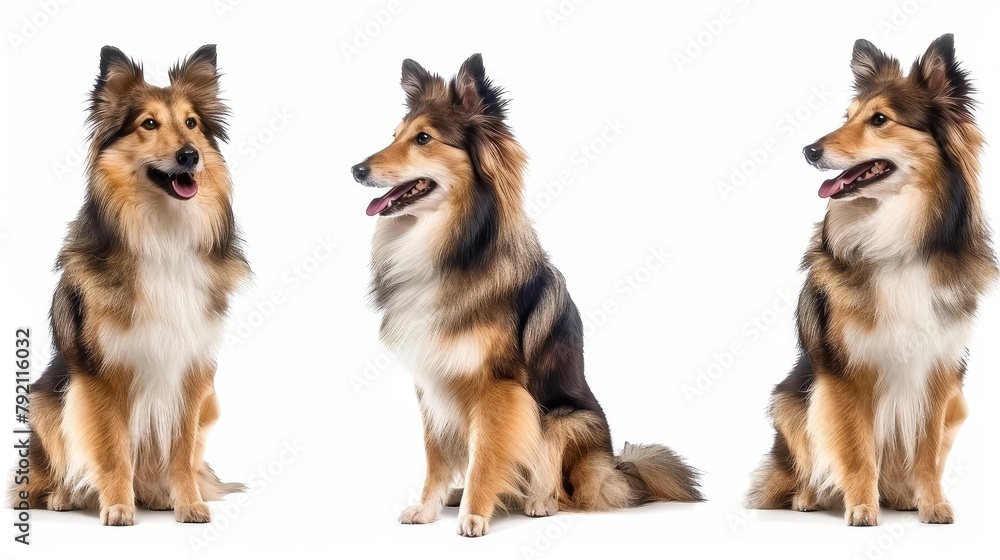 adorable shetland sheepdog portrait bundle sitting and standing poses isolated on white background dog collection