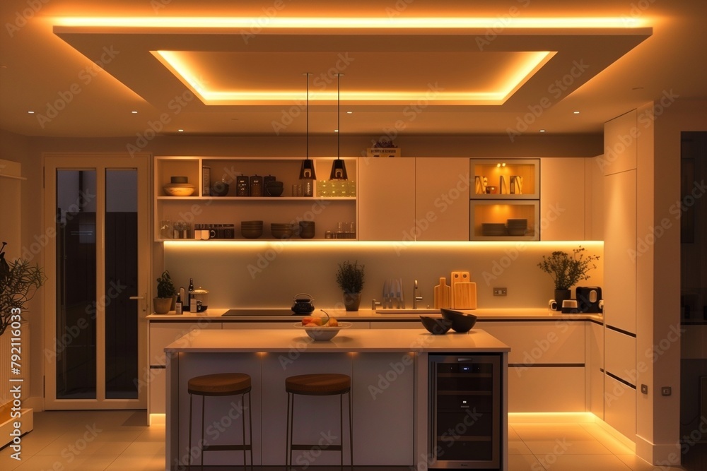 Fototapeta premium Minimalist Ceiling with Hidden Lighting in a Chic Open-Plan Kitchen