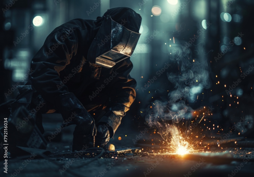 A worker wearing a protective mask welds. Generate AI image A worker wearing a protective mask welds. Generate AI image