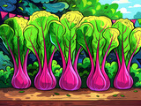 Vibrant illustration of bok choy with a whimsical, cartoonish style set against a forest backdrop.
