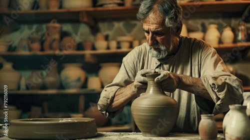 An expert potter  he creates with clay and his hands a beautiful vase in his laboratory. The artisan creates works of art with his hands. Concept of  experience  art  tradition  clay.  