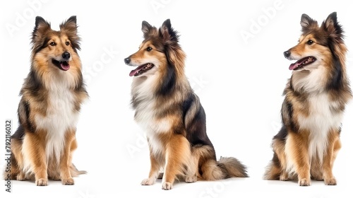 adorable shetland sheepdog portrait bundle sitting and standing poses isolated on white background dog collection
