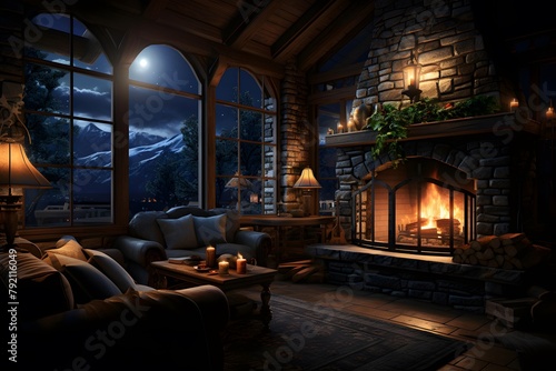 3D rendering of a cozy living room in the mountains at night