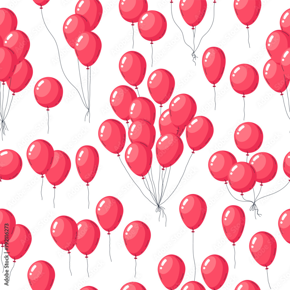 Cartoon balloons pattern. Glossy red balloons Birthday party decor, hand drawn holidays air balloon decorations flat vector illustration. Helium balloons endless background