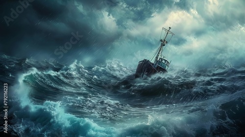 boat in distress ship sailing in storm on rough sea about to sink clearing sky digital art © Bijac