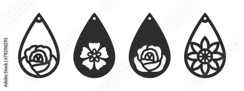 Teardrop earrings, pendant or keychain design with flowers. Jewelry silhouette laser cut template. Cnc cutting with metal, wood or leather