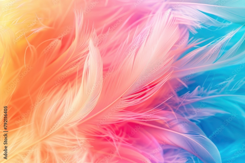 Abstract feather rainbow patchwork background. Closeup image of white fluffy feather under colorful pastel neon foggy mist. Fashion Color Trends Spring Summer 2024 - generative ai Abstract feather rainbow patchwork background. Closeup image of white fluffy feather under colorful pastel neon foggy mist. Fashion Color Trends Spring Summer 2024 - generative ai