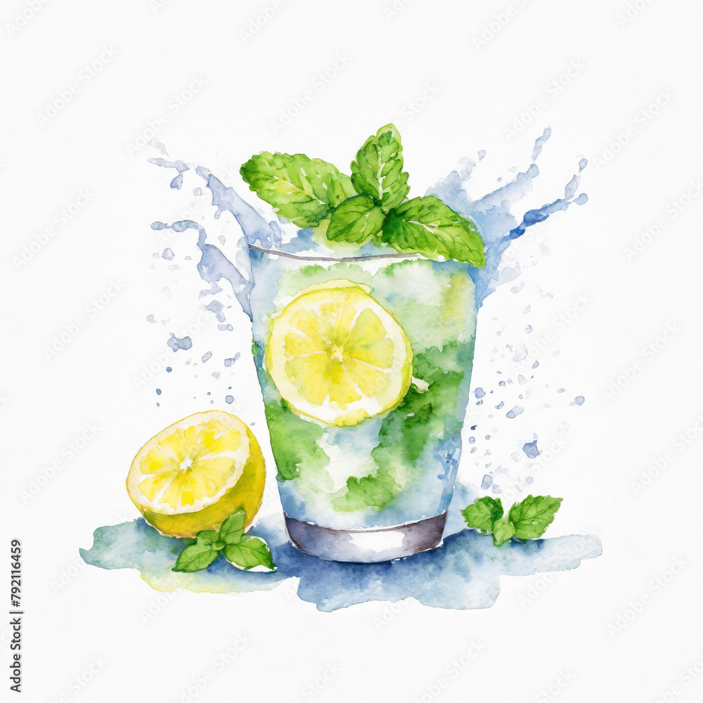 Fototapeta premium Watercolor depiction of a mojito cocktail with lemon and mint, exuding a fresh, artistic vibe