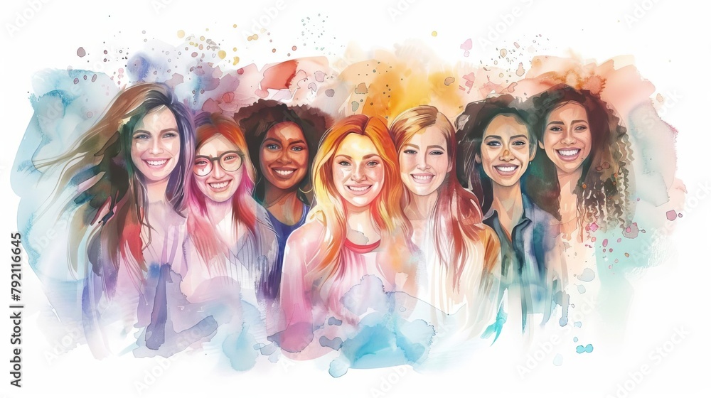 diverse group of smiling young women united together watercolor diversity illustration