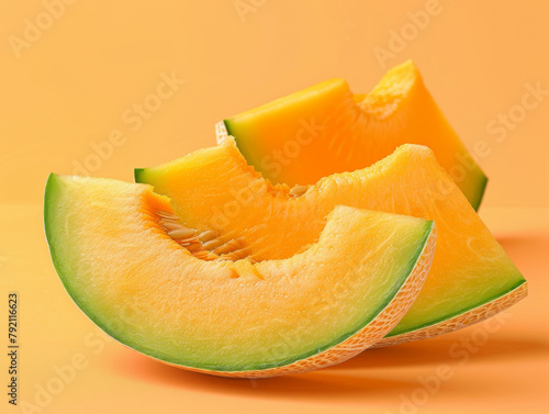 Sliced cantaloupe melon in a minimalist composition on a soft orange background, reminiscent of Carl Warner's style. photo