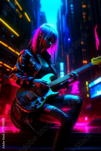 A girl in a cyberpunk city by night.
