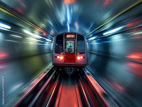 A train is speeding through a tunnel. The tunnel is dark and the train is the only thing visible