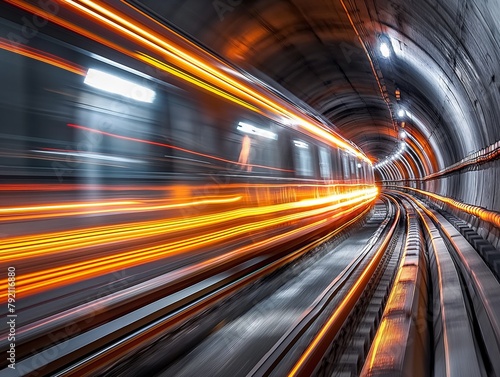 A train is moving through a tunnel with its lights on. The tunnel is long and dark, and the train is the only thing visible. The lights on the train create a sense of movement and speed