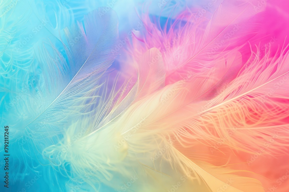 Abstract feather rainbow patchwork background. Closeup image of white fluffy feather under colorful pastel neon foggy mist. Fashion Color Trends Spring Summer 2024 - generative ai Abstract feather rainbow patchwork background. Closeup image of white fluffy feather under colorful pastel neon foggy mist. Fashion Color Trends Spring Summer 2024 - generative ai