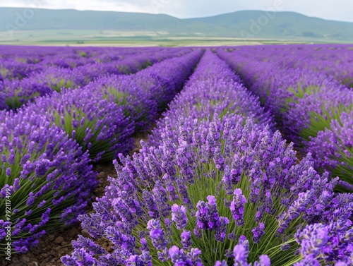 A field of lavender flowers with a blue sky in the background