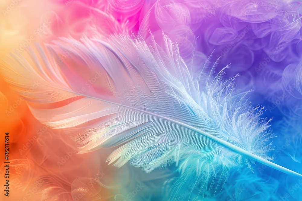 Abstract feather rainbow patchwork background. Closeup image of white fluffy feather under colorful pastel neon foggy mist. Fashion Color Trends Spring Summer 2024 - generative ai Abstract feather rainbow patchwork background. Closeup image of white fluffy feather under colorful pastel neon foggy mist. Fashion Color Trends Spring Summer 2024 - generative ai
