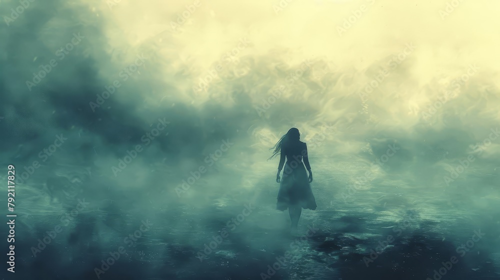 mysterious steampunk woman walking through thick fog dark fantasy illustration