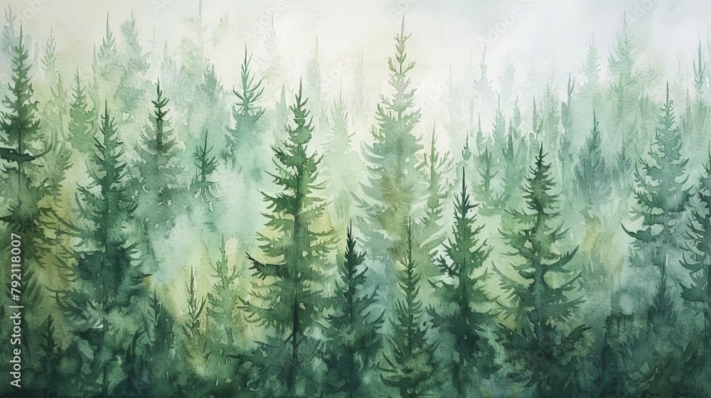 serene watercolor painting of lush green forest handdrawn fir and spruce trees tranquil woodland landscape