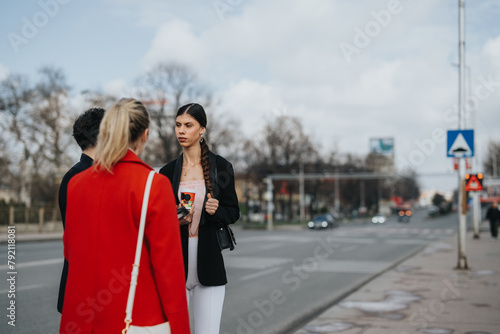 Casually dressed individuals pause by a pedestrian crossing on a sunny, urban roadside, engaging in a conversation. © qunica.com