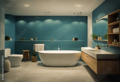 3D blue background modern Minimalist sink flooring shower side concrete bathroom view interior furniture bathtub Modern bathroom white