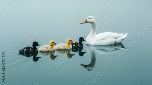 Beautiful lake with a family of ducks wallpaper style at sunrise in high resolution and high quality. concept animals,lake,wildlife