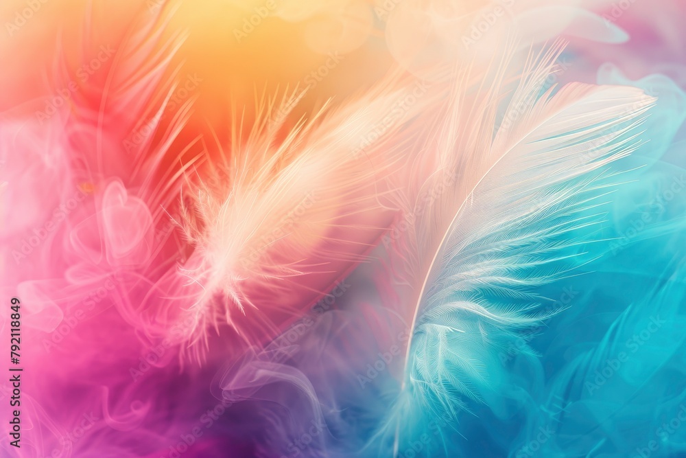 Abstract feather rainbow patchwork background. Closeup image of white fluffy feather under colorful pastel neon foggy mist. Fashion Color Trends Spring Summer 2024 - generative ai