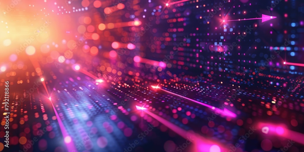 Naklejka premium Abstract digital landscape with glowing particles and data streams, representing futuristic technology or cyber data concept.