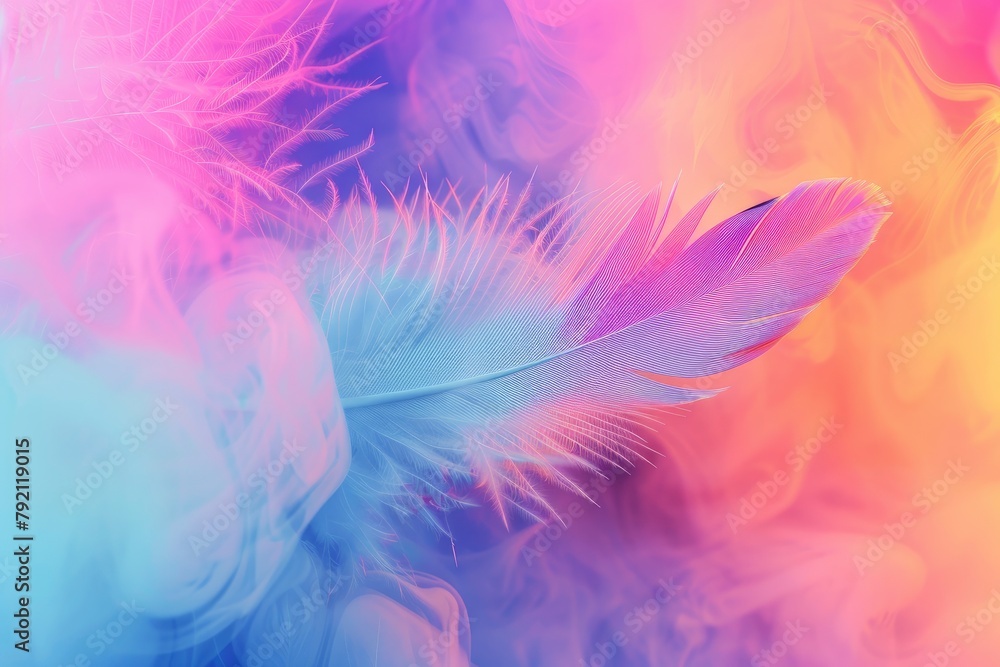 Abstract feather rainbow patchwork background. Closeup image of white fluffy feather under colorful pastel neon foggy mist. Fashion Color Trends Spring Summer 2024 - generative ai Abstract feather rainbow patchwork background. Closeup image of white fluffy feather under colorful pastel neon foggy mist. Fashion Color Trends Spring Summer 2024 - generative ai