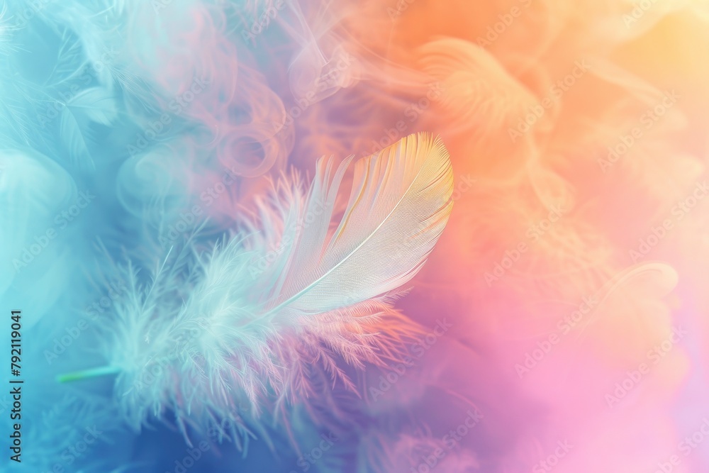 Abstract feather rainbow patchwork background. Closeup image of white fluffy feather under colorful pastel neon foggy mist. Fashion Color Trends Spring Summer 2024 - generative ai Abstract feather rainbow patchwork background. Closeup image of white fluffy feather under colorful pastel neon foggy mist. Fashion Color Trends Spring Summer 2024 - generative ai