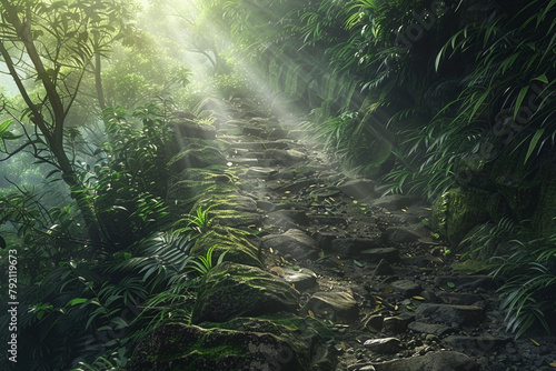 Sunlight filtering through a dense forest, illuminating a mountain trail © soman