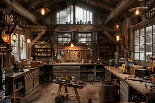 Rustic Garage Workshop with Reclaimed Wood Workbenches and Vintage Tool Collection