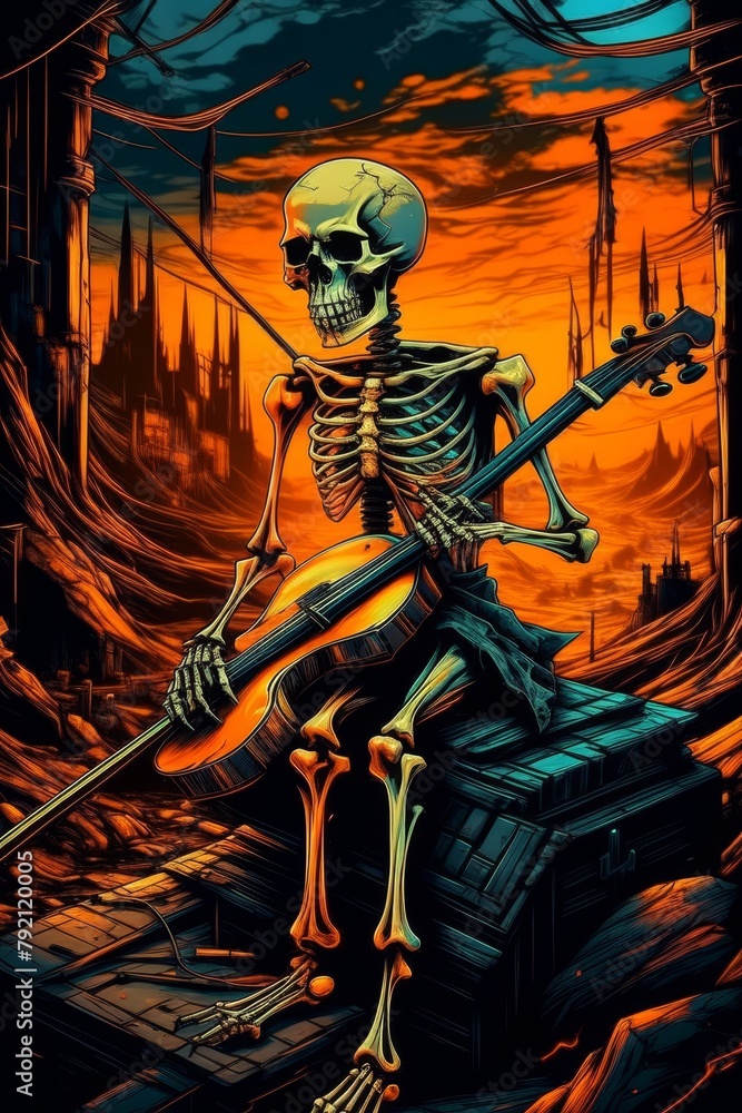 Skeleton musician playing violin after a nuclear attack. 