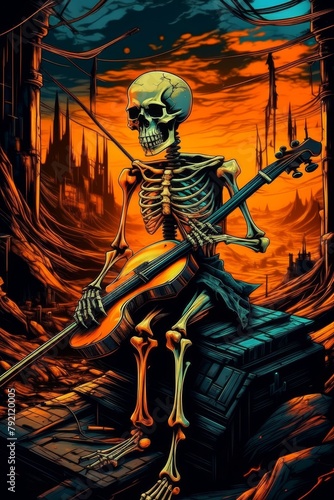 Skeleton musician playing violin after a nuclear attack. 