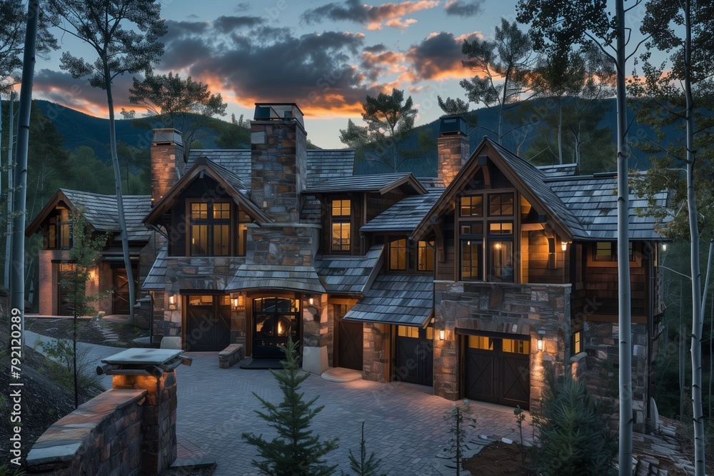 Fototapeta premium Rustic Townhome with Stone Facades and Cozy Fireplaces in a Mountain Setting
