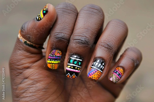 A womans hand featuring intricate and colorful nail art designs, showcasing creativity and style in a manicure. photo