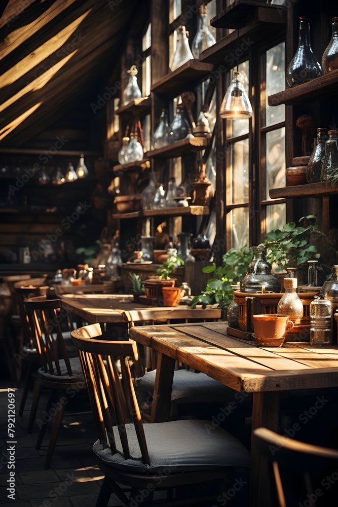 Interior of a cozy and cozy european restaurant with wooden tables and chairs