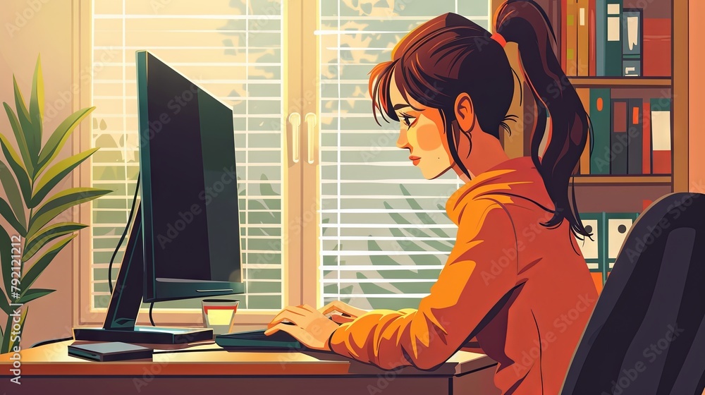 Girl woman working at computer home concept drawing painting art wallpaper background Girl woman working at computer home concept drawing painting art wallpaper background