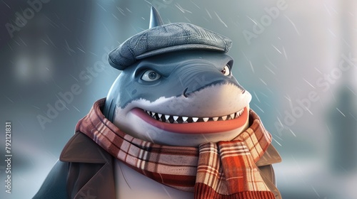 A quirky cartoon featuring a shark dressed in a stylish cap and scarf exuding a cheerful vibe